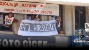 Parti binasına asılan ‘Katil, hırsız AKP’ pankartı ifade özgürlüğü