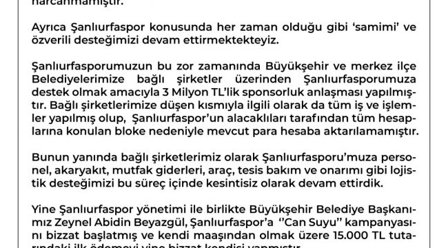 Büyükşehir Belediyesi Şanlıurfaspor İle İlgili Basın Açıklaması