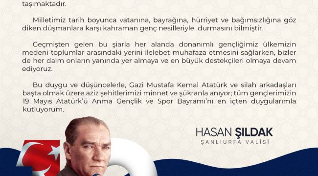 Vali Hasan Şıldak'ın 19 Mayıs Atatürk’ü Anma Gençlik ve Spor Bayramı mesajı