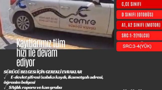 Cemre Sürücü Kursu'nda Kayıtlar Tüm Hızıyla Devam Ediyor