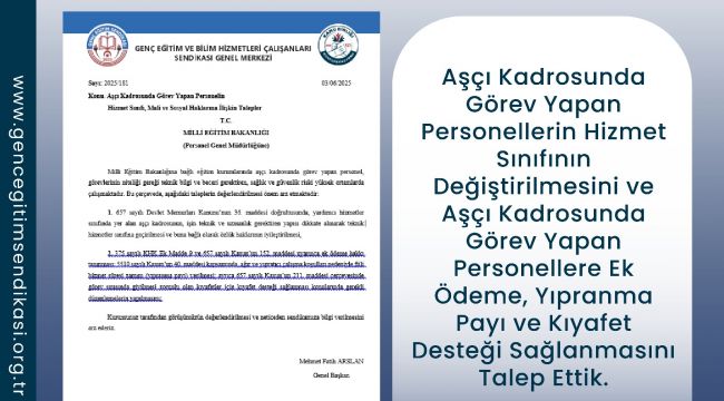 Genç Eğitim Sendikasından MEB’e Talep: Aşçılara Hizmet Sınıfı Değişikliği Ve Ek Haklar İstendi