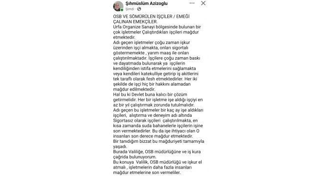 Şanlıurfa OSB'de emek sömürüsüne tepki: “İşçi hakkı kutsaldır”