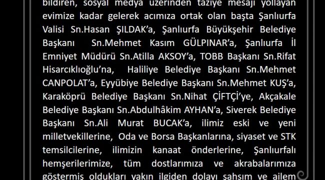 Şanlıurfa Ticaret Borsası Başkanı Kaya’dan “Taziye Teşekkür Mesajı”