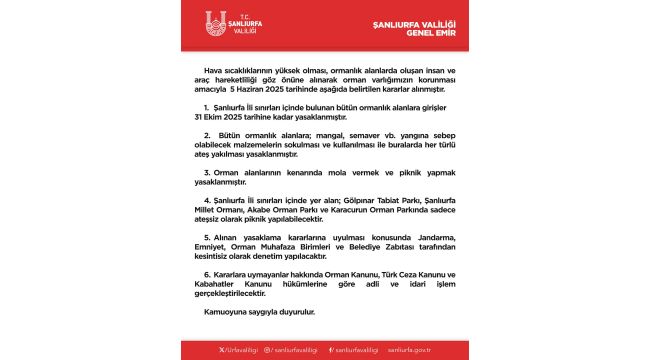 Şanlıurfa’da Ormanlık Alanlara Girişler Yasaklandı