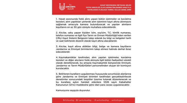 Şanlıurfa Valiliği'nden Fıstık Hırsızlığına Karşı Sıkı Önlemler