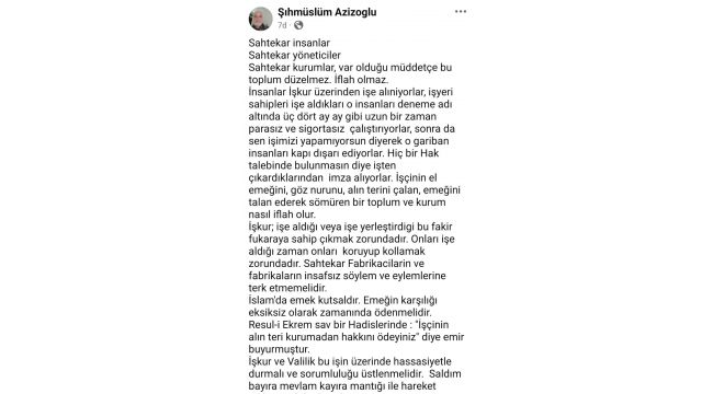 Şıh Müslüm Azizoğlu'ndan İşkur Uygulamalarıyla İlgili Sert Tepki: 