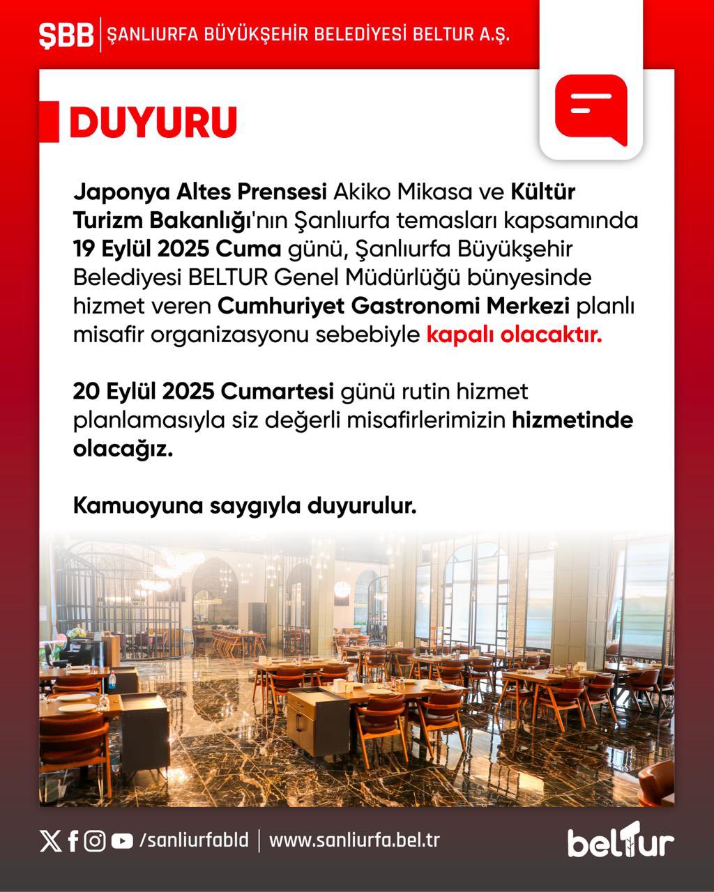 19 Eylül’de Gastronomi Merkezi Hizmet Vermeyecek