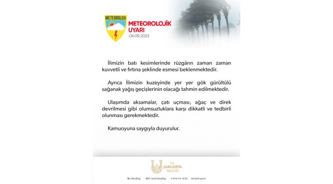 Şanlıurfa'da Fırtına ve Sağanak Yağış Uyarısı
