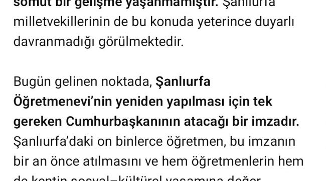 Uzundağ: “Şanlıurfa Öğretmenevi’nin Yeniden Yapılması İçin Artık Sadece Bir İmza Bekleniyor”