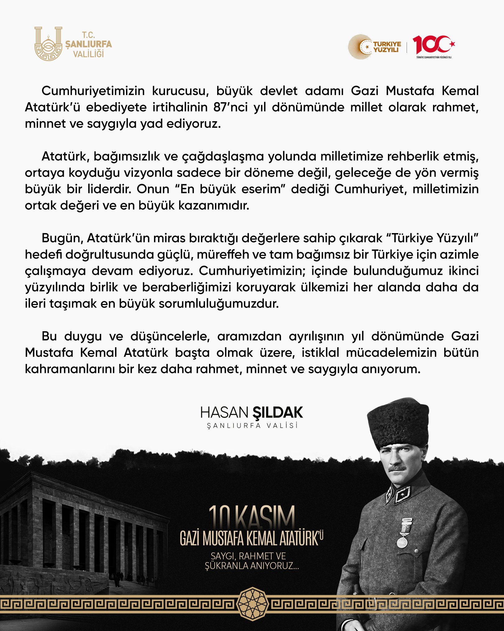 Vali Hasan Şıldak'tan 10 Kasım Atatürk'ü Anma Günü Mesajı