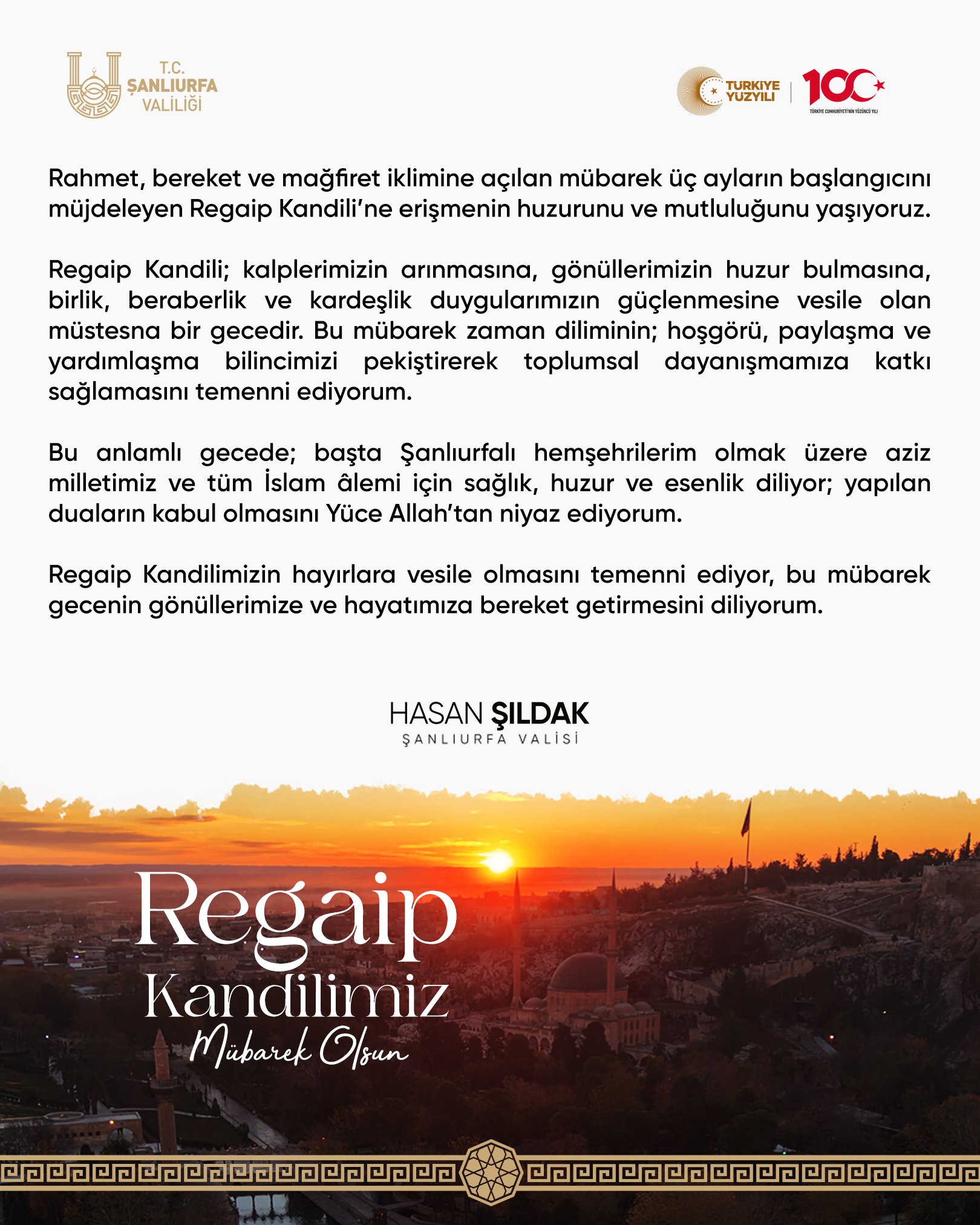 Vali Şıldak'ın Regaip Kandili Mesajı