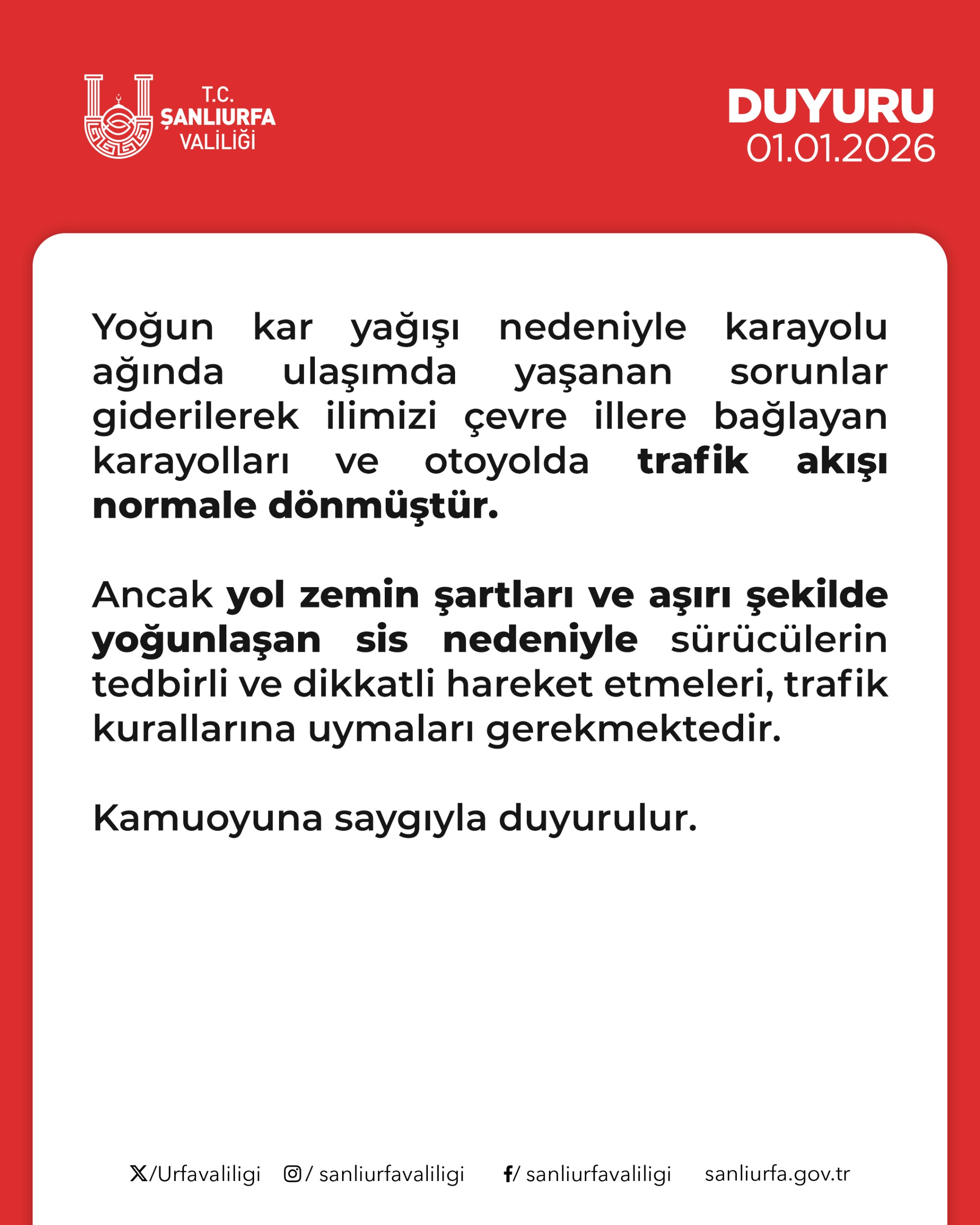 Şanlıurfa Valiliğinden Ulaşım ve Trafik Uyarısı