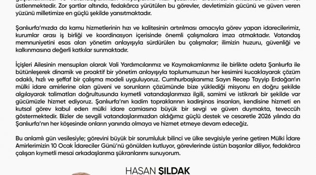 Vali Hasan Şıldak'ın 10 Ocak İdareciler Günü Mesajı