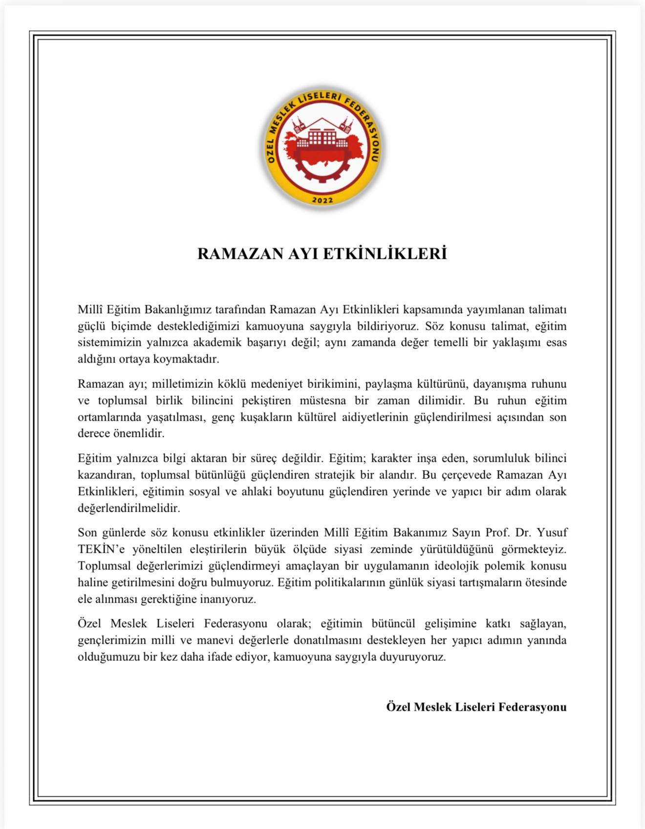 Özel Meslek Liseleri Federasyonu’ndan “Ramazan Ayı Etkinlikleri”ne Destek