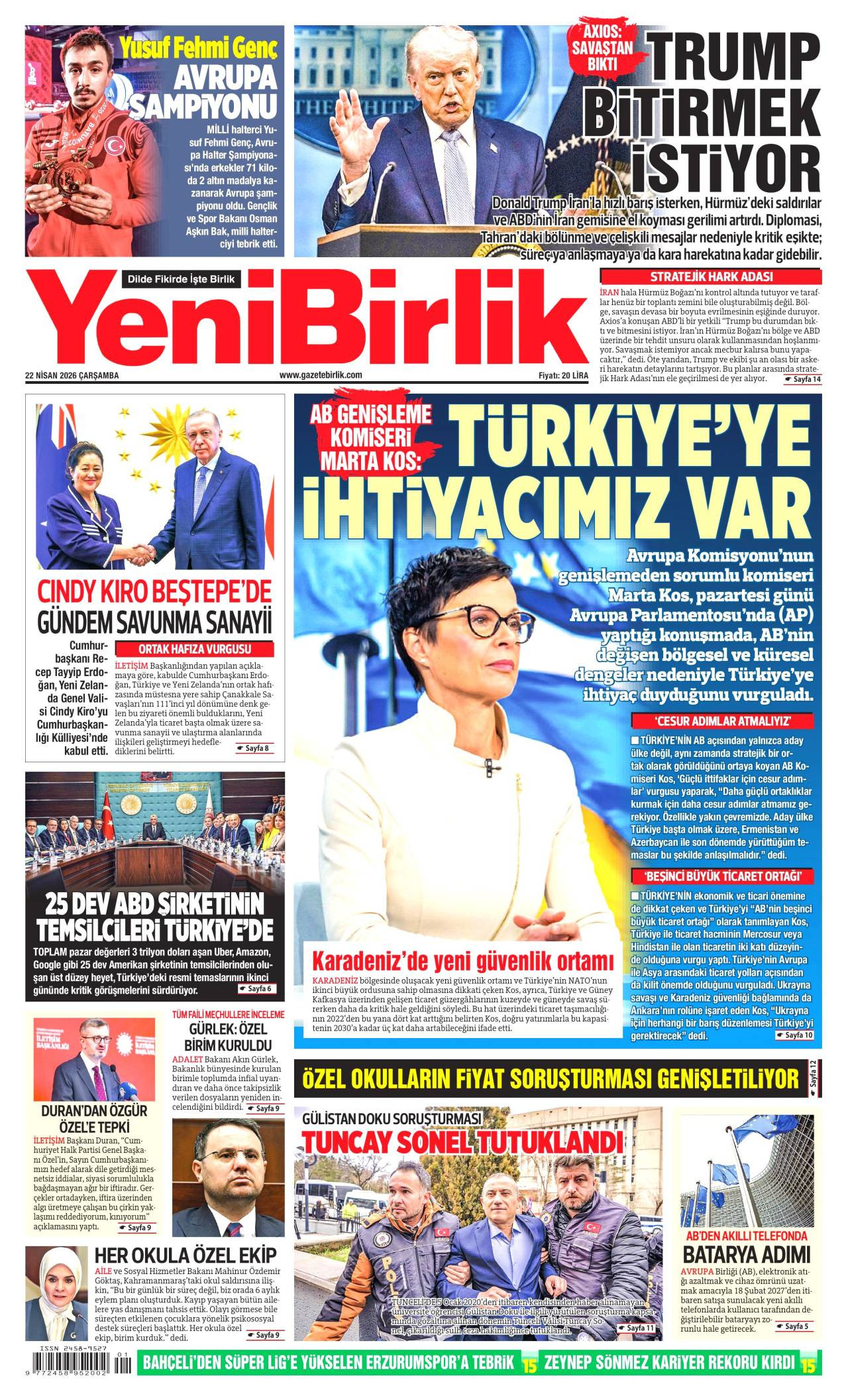 Yeni Birlik Gazetesi Gazete Manşeti